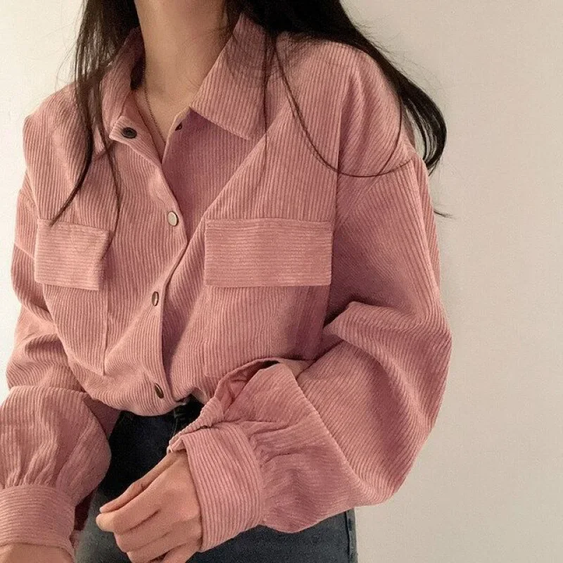 Chic Korean Vintage Simple Lapel Cropped Long Sleeve Shirt Top Corduroy Loose Fit Jacket For Women New Model 2023