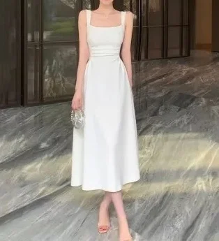 화이트 스트랩 원피스 여성용 프렌치 롱 원피스, 우아한 캐주얼 블랙 심플 여성 드레스, 저녁 행사, 2024 여름 신상