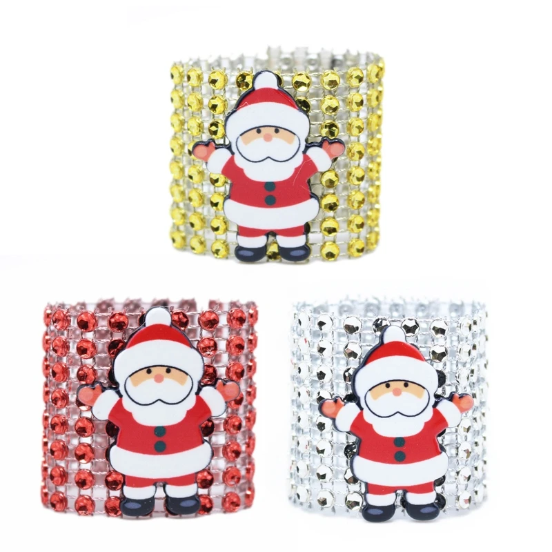 10Pcs Christmas Cartoon Santa Napkin Rings Holder 8 Rows Shiny Diamond for Rhinestone Buckles for Xmas Party Decor