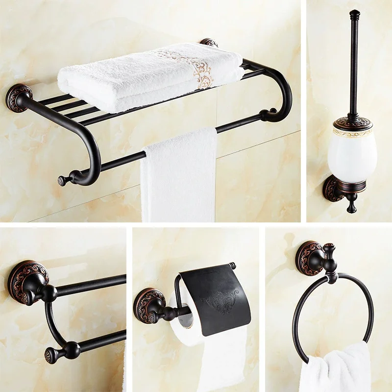 

Brass Bathroom Accessories Bath Shelf Black Carved Paper Holder Towel Bar Soap Holder Towel Rack Towel Hook Bathroom Hardware