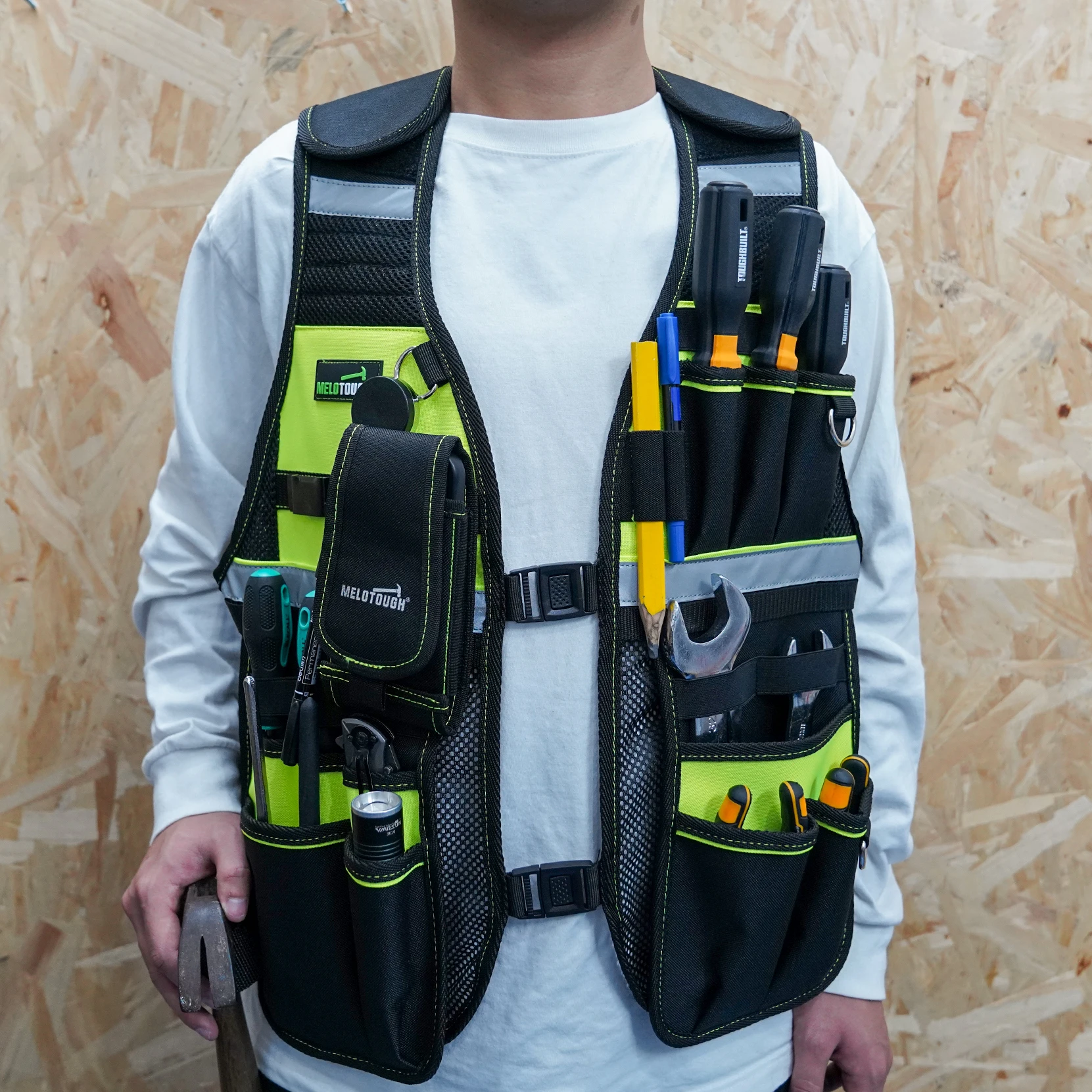 MELOTOUGH Tool Vest Reflective Safety Tool Vest with Removable Phone Holder for Electrician,Carpenter,Construction