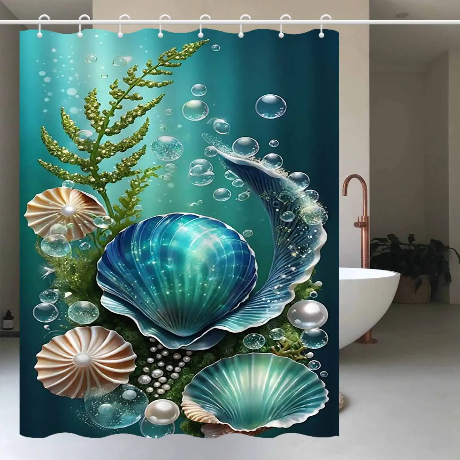 Ocean Shell Pearl Shower Curtain, Underwater Bubble Print Waterproof Bath Curtain, Marine Bathroom Decor for Home