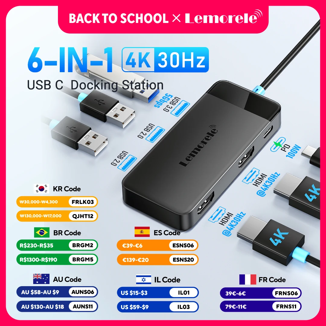 Lemorele tc122 6-em-1 usb c hub 4k docking station duplo hdmi & dp 4k para macbook dell hp 100w pd usb 3.0 multi monitor adaptador