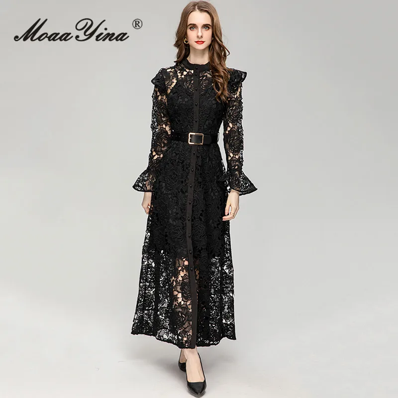 

MoaaYina Fashion Runway Summer Vintage Lace Dress Women's O-Neck Single Breasted Sashes Black Color Hollow Out Slim Long Dress