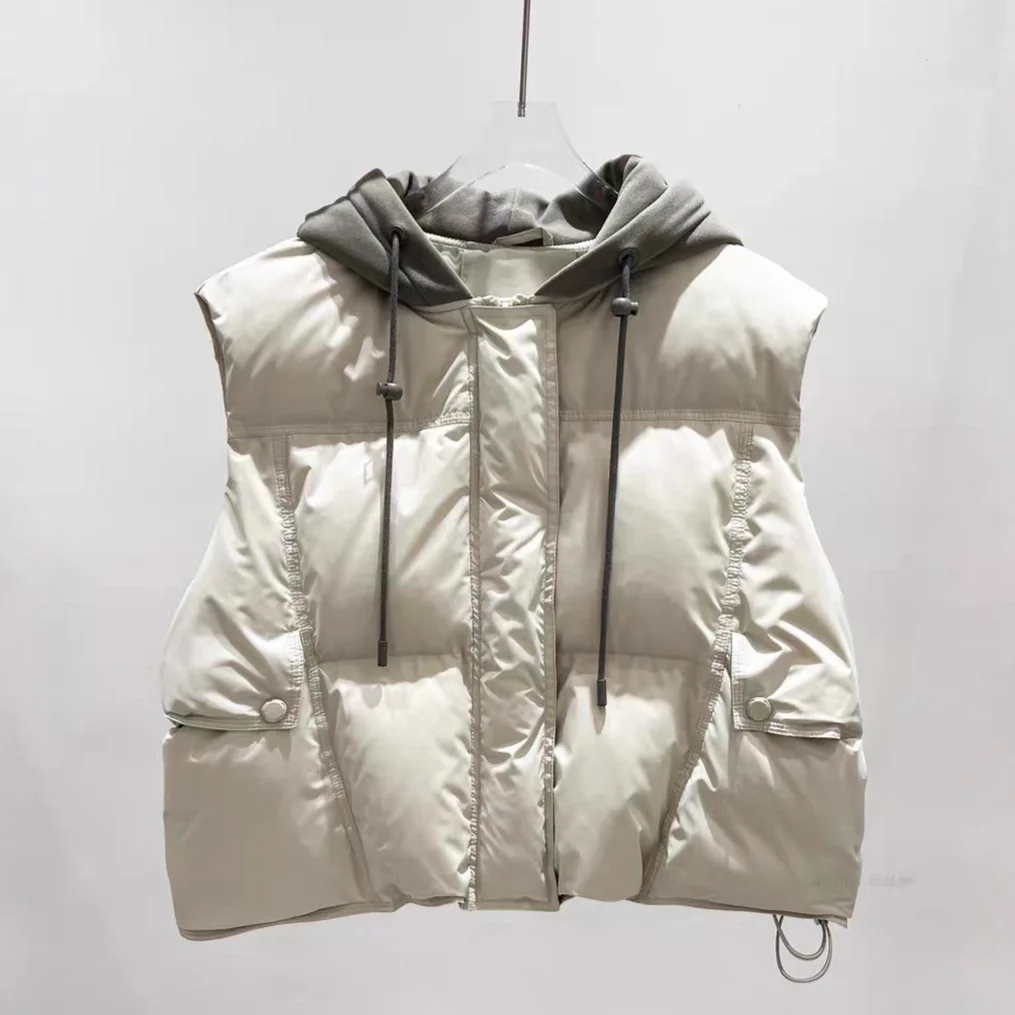 2026 Otoño Invierno Patchwork con capucha Puff chaleco femenino cremallera cordón acolchado chaleco mujeres pato blanco abajo chalecos cálidos