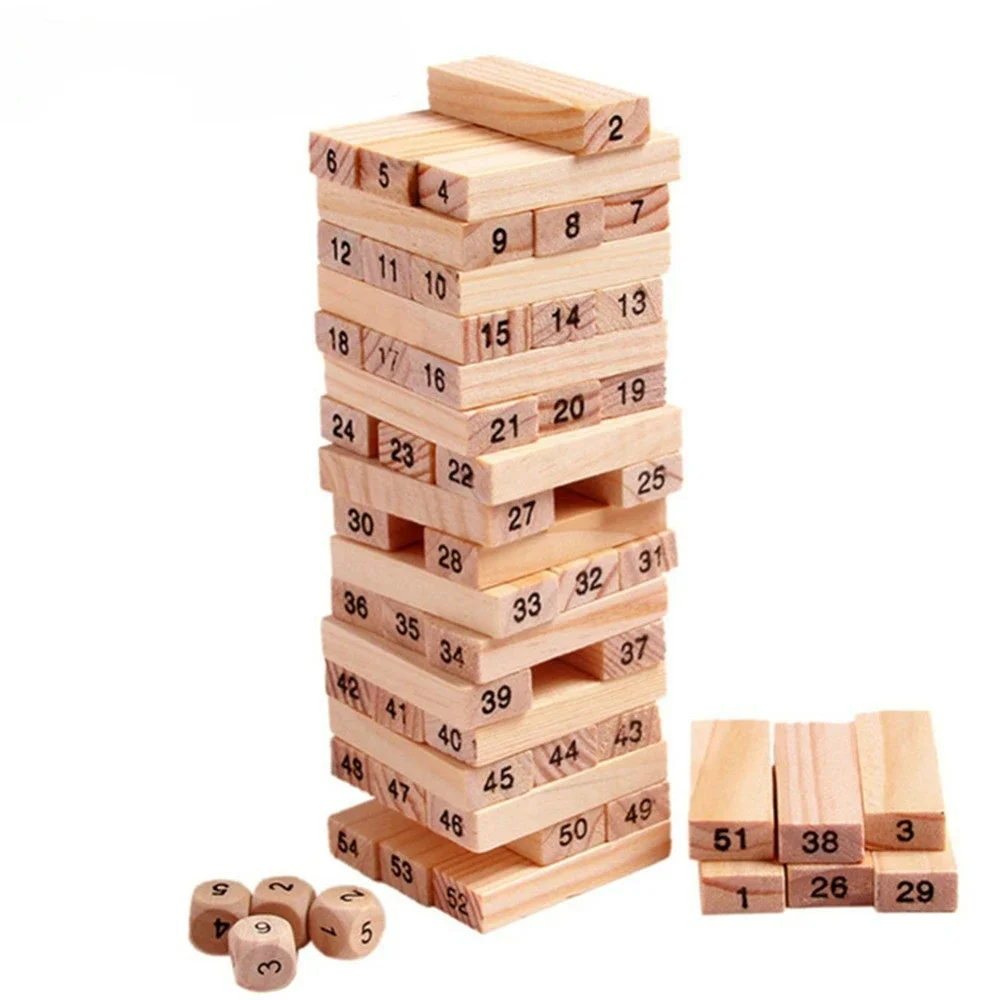 New 54 Pieces Log-coloured Digital Children's Stacked Building Blocks Wooden Tumbling Tower Game Family Garden Games Toy