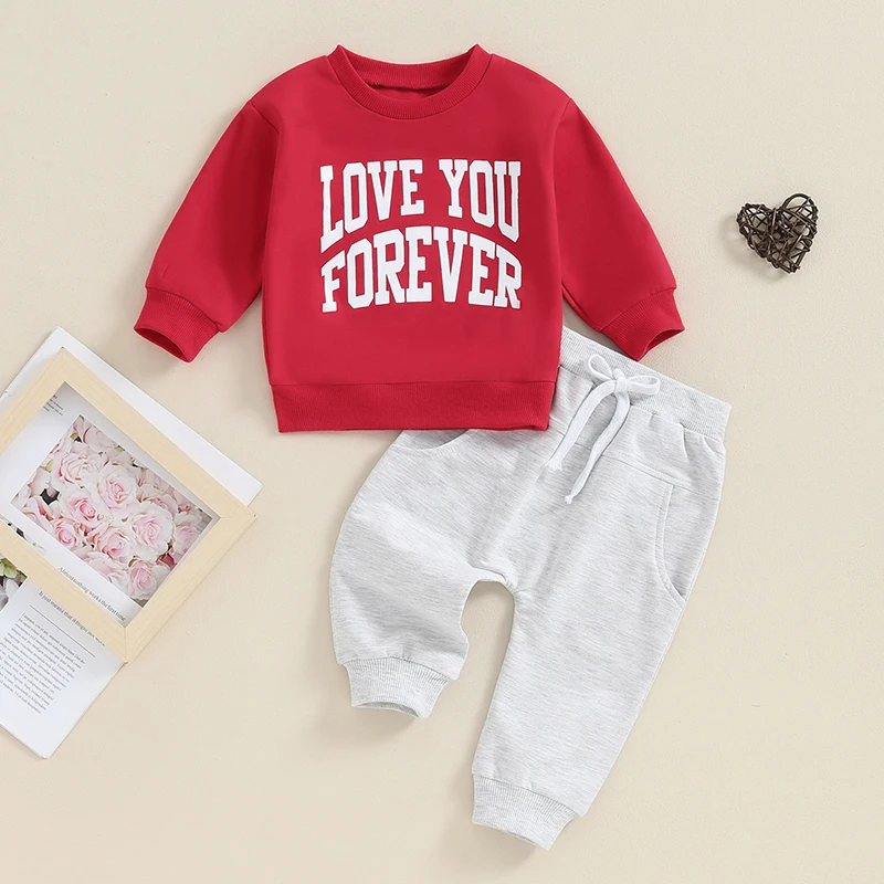 

2023-10-25 Lioraitiin 0-24M Toddler Baby Boy Valentine's Day Outfit Letter Long Sleeve Sweatshirt Top Pants Set Boys Clothes