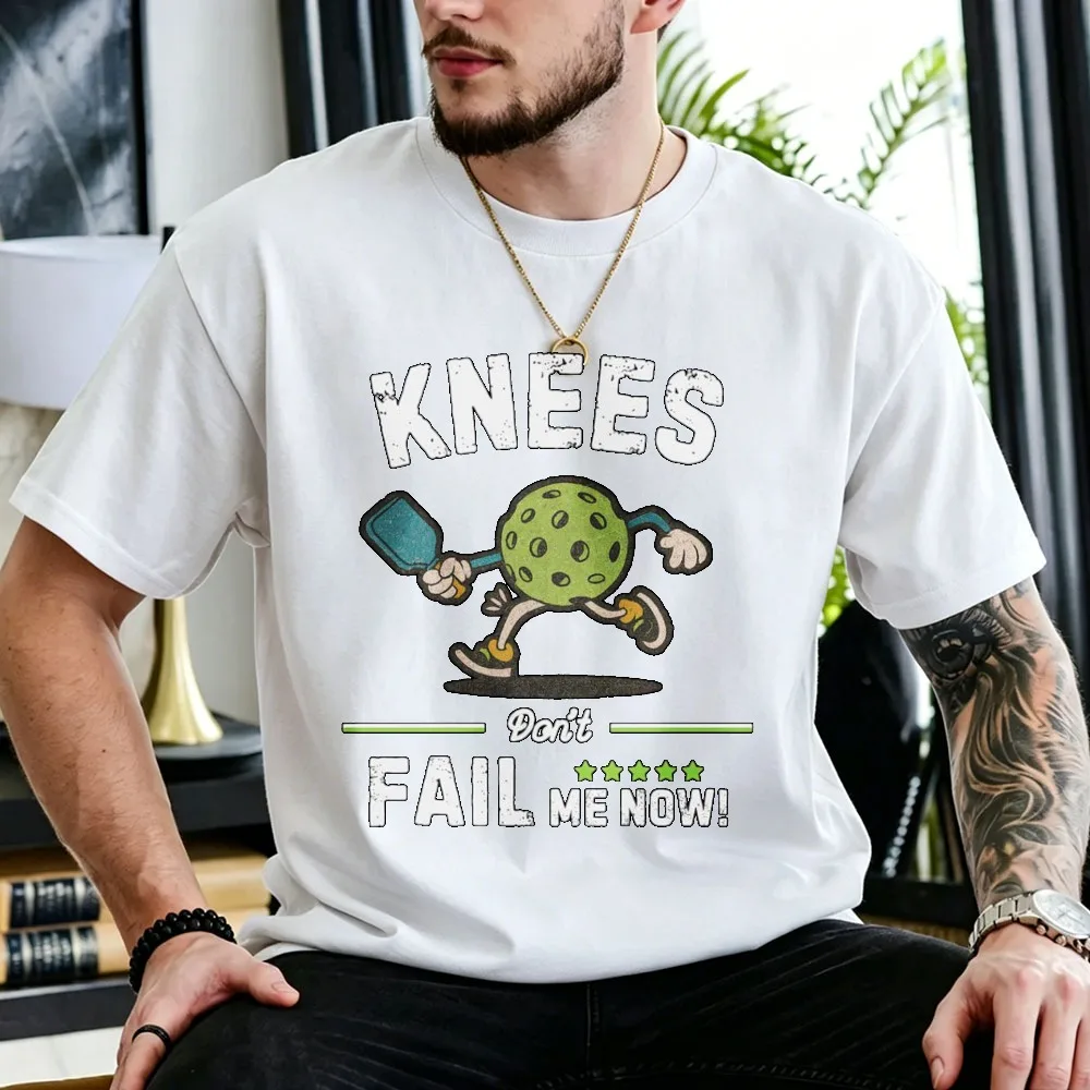 Vintage Cartoon Running Pickleball Character Holding Paddle Print Cotton T Shirt Knees Don’t Fail Me Now Funny Slogan Lover Tops