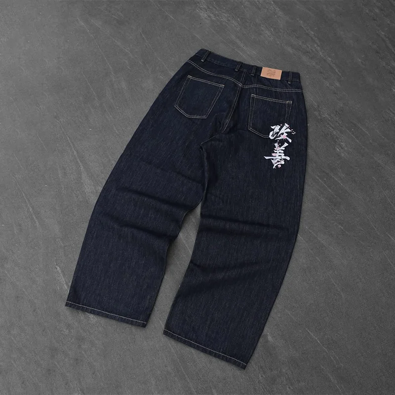 الأبيض الصينية نمط التطريز جيب عالية الخصر فضفاض الظلام مستقيم الساق الجينز Y2K الرجال النساء الرجعية ملابس الشارع الشهير غير رسمية