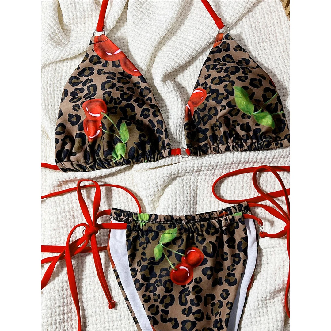 Damen-Bademode, Leoparden- und Kirschmuster, Neckholder-Bikini mit hohem Beinausschnitt, zweiteiliger Bikini-Set, Badeanzug, Badebekleidung, Modell V6321. – Detail 14