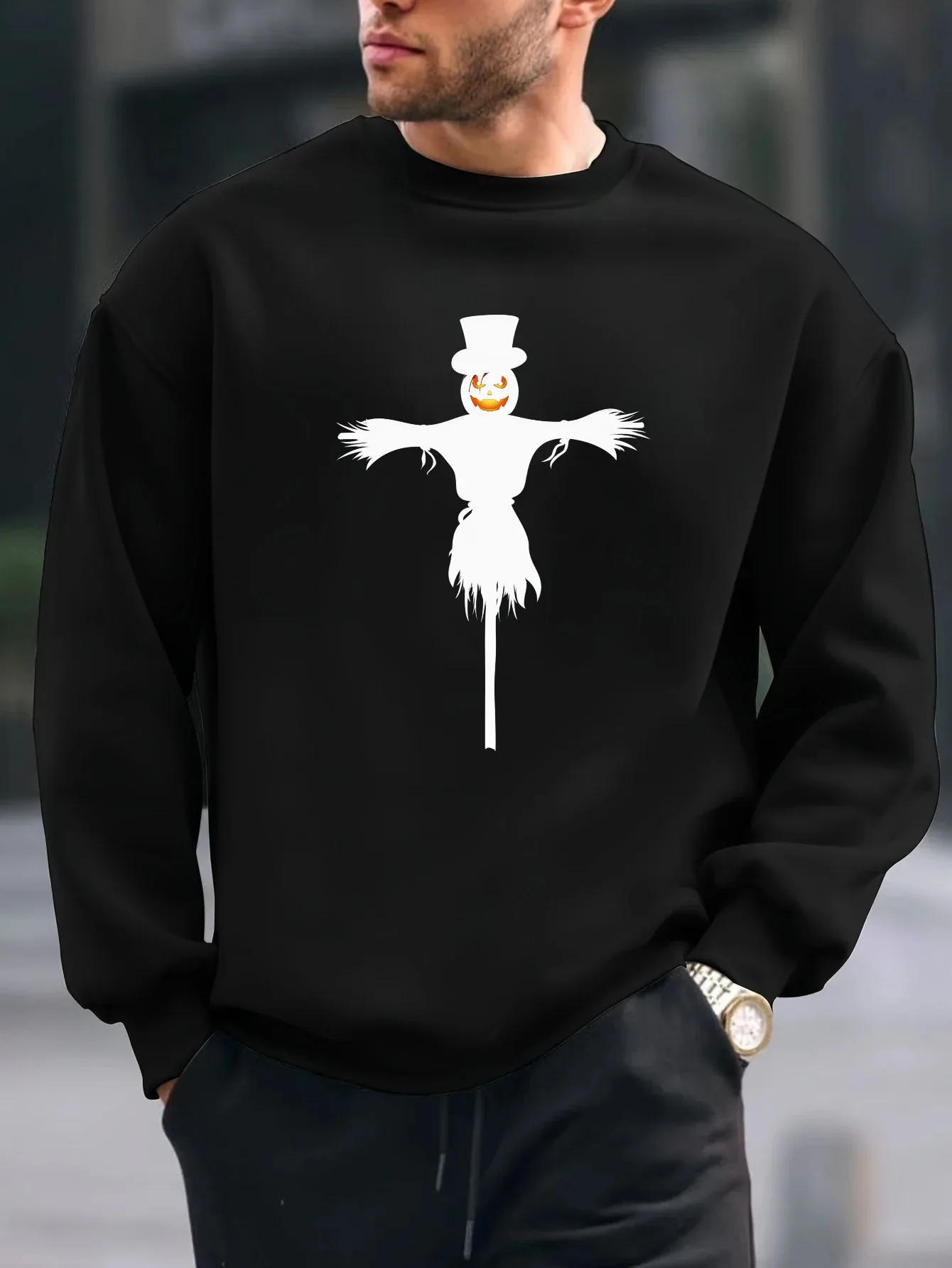 

2025 черно-белый топ с принтом чучела, повседневный мужской свитшот с круглым вырезом, весенне-осенний удобный пуловер с капюшоном