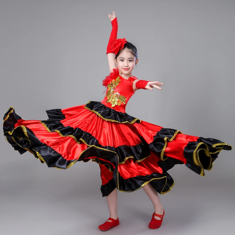 2023 New Spanish Costume Girl Long Red Flamenco Dress Costumes for Kids Clothes Ballroom Skirt for Girls Child Dance Dresses