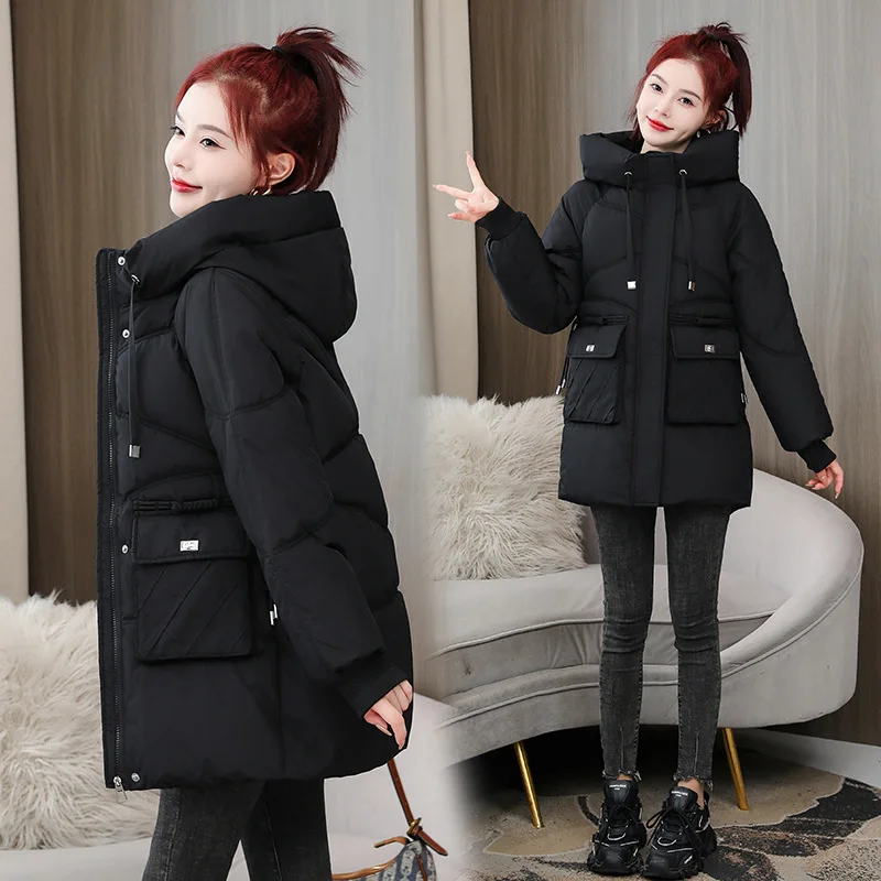 

2025 Winter Thick Mid-Length Cotton Padded Coat Women Loose Plus Size Hooded Fashion Outwear