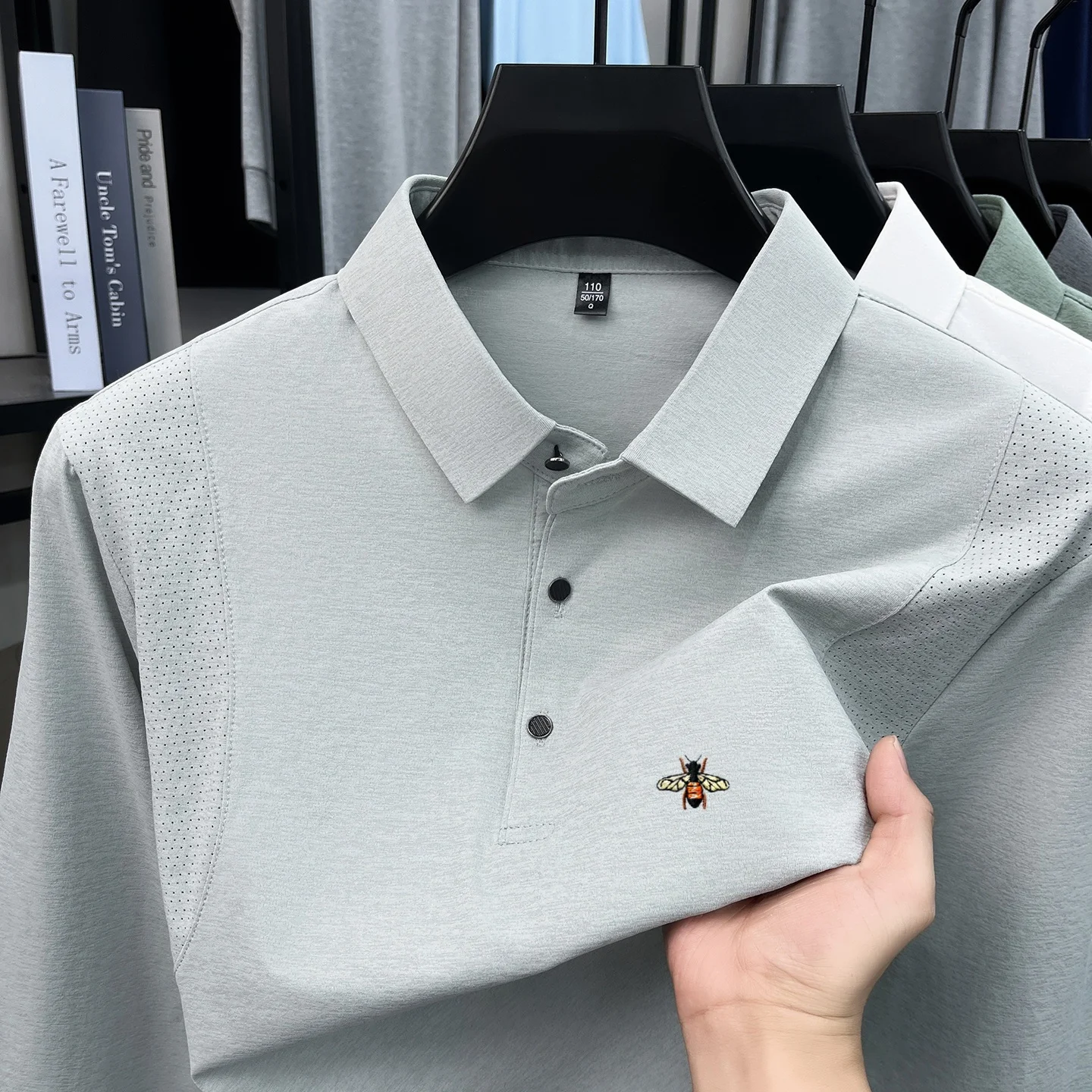 Men's High-end Brand Long sleeved polo shirt Korean version youth fashion cartoon bee Embroidery comfortable breathable T-shirt