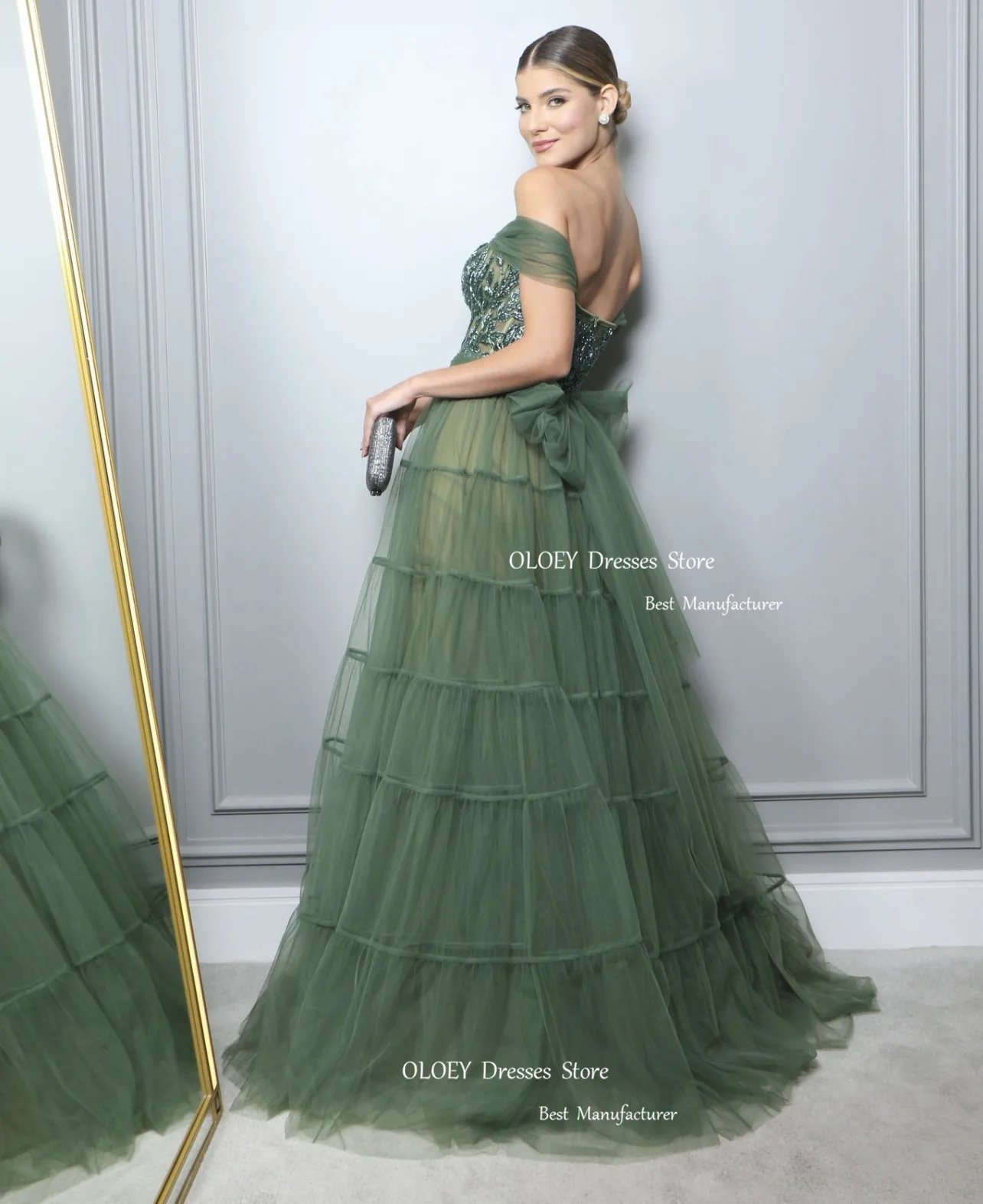 OLOEY Elegant Dark Green Tulle Prom Evening Dresses Women Shiny Applique Lace Tiered Long Formal Occasion Wedding Party Dress