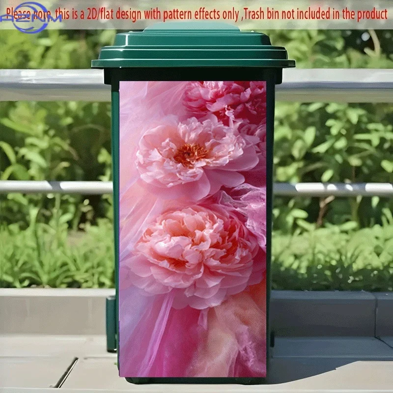 PC 2D Flat Self-Adhesive Trash Can Sticker, Delicate Peony in Pink Gauze Decorative Decal, Creative Trash Can Decoration, Suit