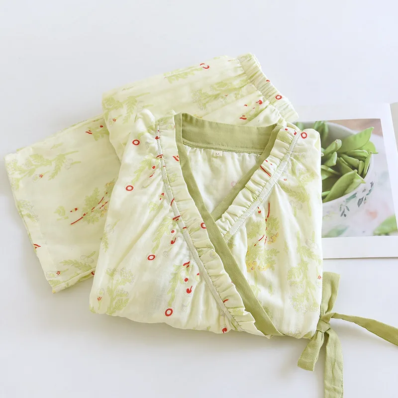 2026 New Spring and Autumn Women's Kimono Set 100% Cotton Gauze Chinese style Cardigan Long Sleeve Loose Simple Pajama Set