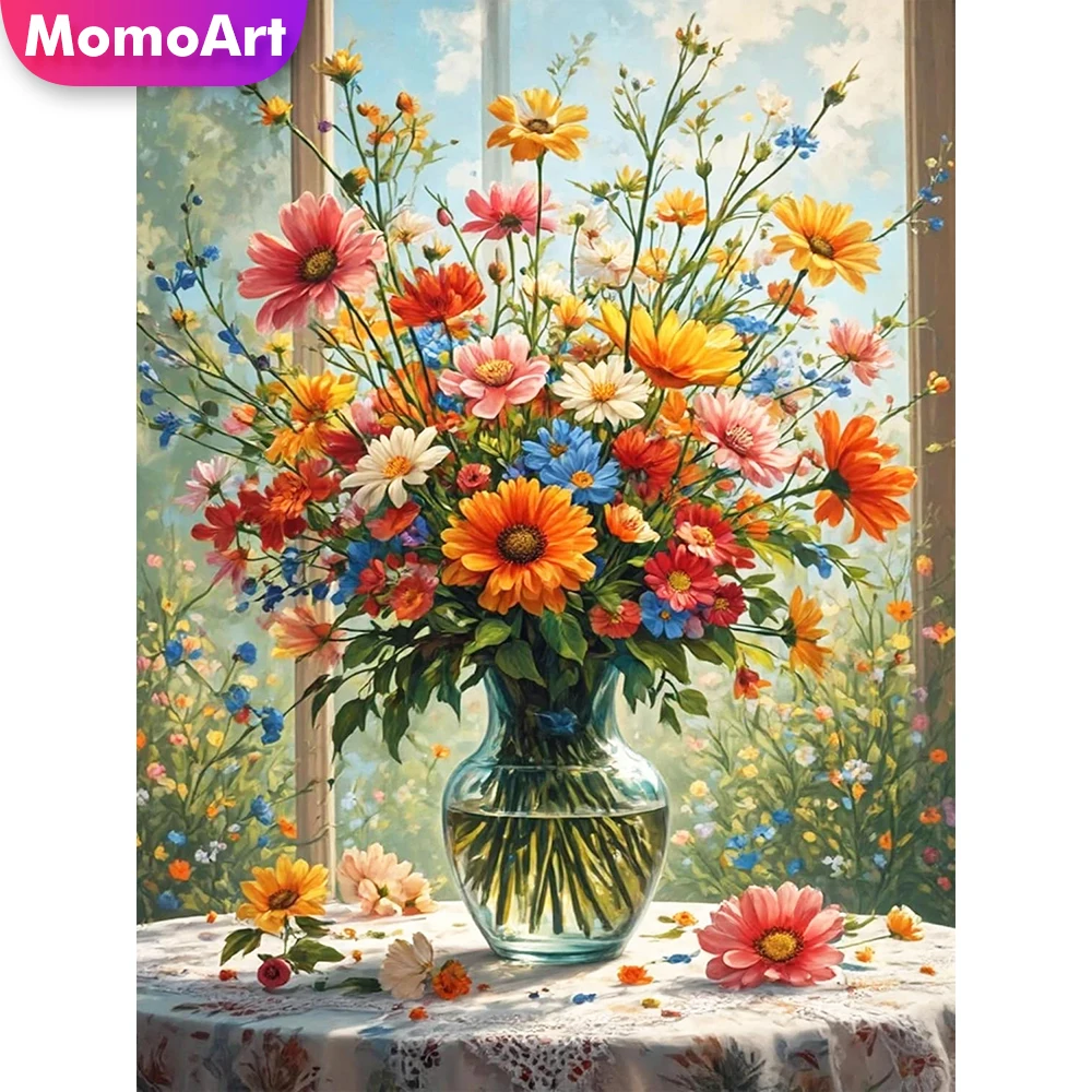 Momoart DIY Diamond Mosaic Daisy Flower Pattern for Adults Beginners Full Square Round Diamond Painting Vase Decor for Home