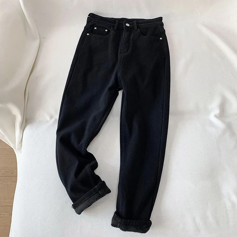 MEXZT Fleece Jeans Women Korean High Waist Black Harem Denim Pants Winter Streetwear Fashion Baggy Casual Wide Leg Trousers New