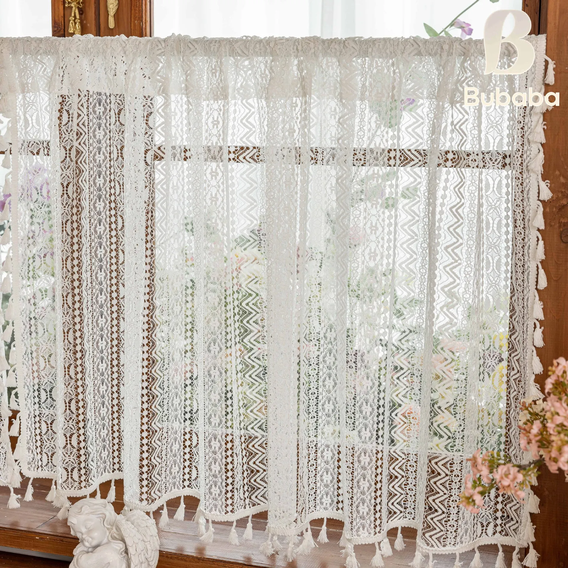 

French White Tulle Lace Curtains Geometry Striped Knitted Light Filtering Curtain for Kitchen Bedroom Living Room Bay Window