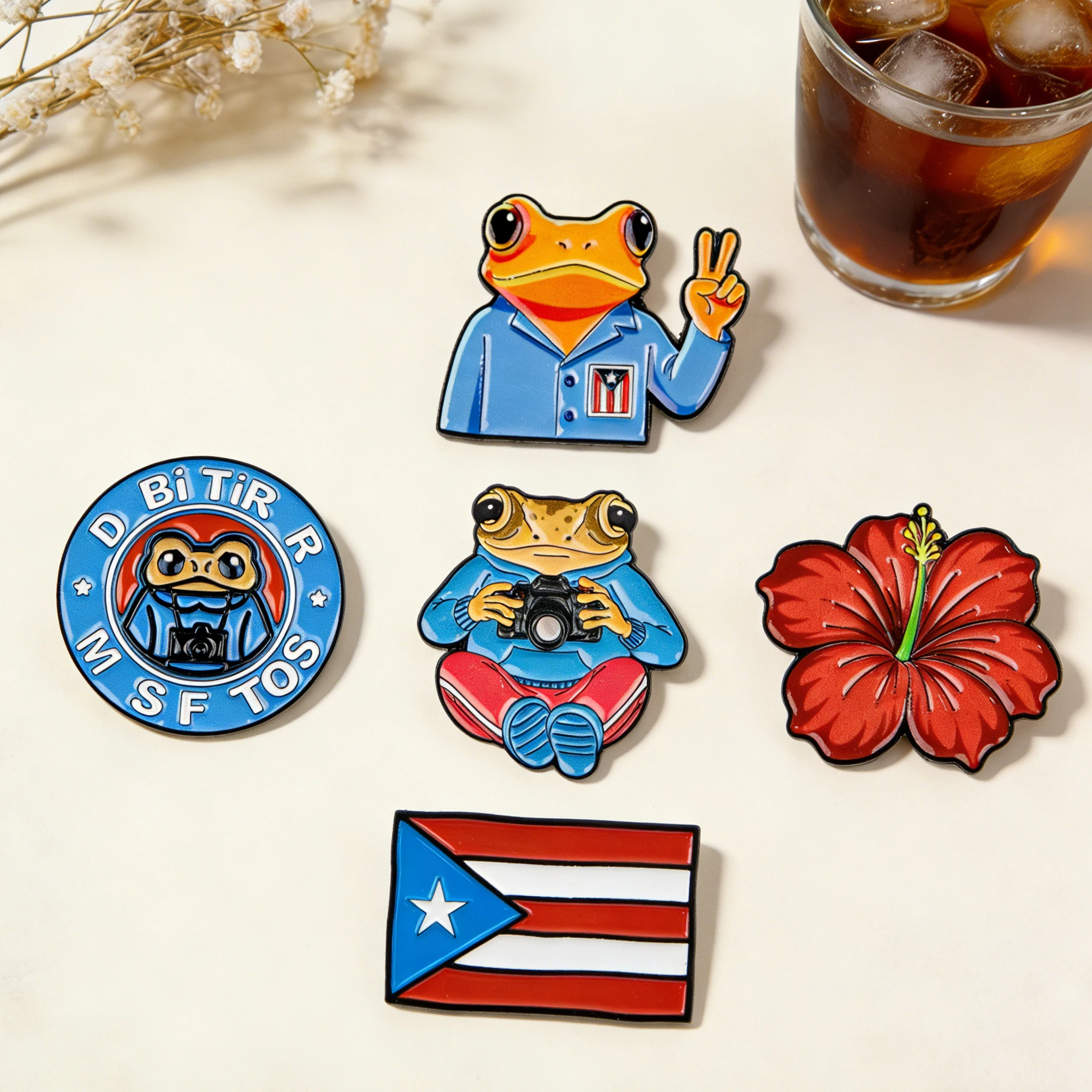 Funny Photographer Frog Enamel Pin Puerto Rican Flag Hibiscus Flower Badge Jewelry for Clothes And Backpack Accessories Gifts
