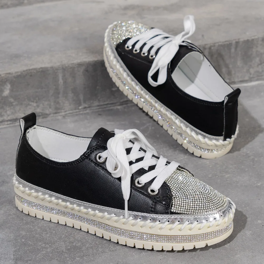 2024 Women Shining Rhinestone Loafers Bowknot Slip-on Thick Botton Casual Ladies Crystal Shoes Female Platform Sneakers Sports