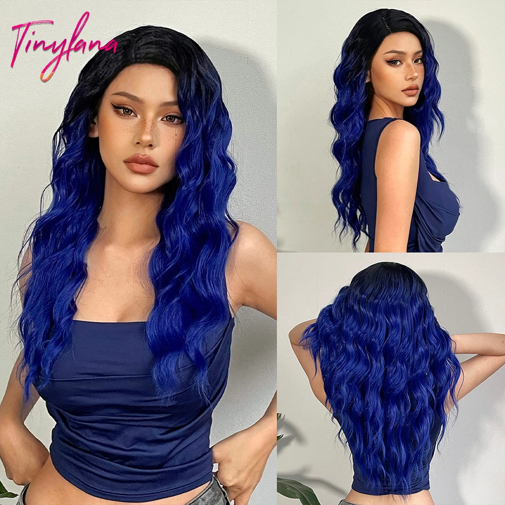 Long Curly Lace Frontal Hair Wigs Blue Purple Cosplay Synthetic Lace Wig for Black Women Transparent Natural Party Colorful Hair