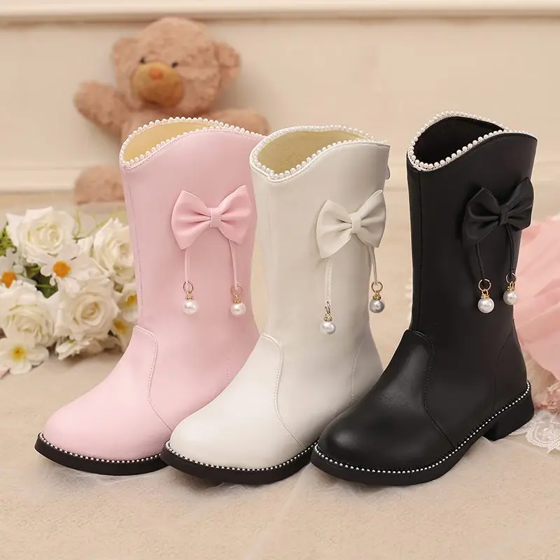 REAVE CAT Sweet Girls Mid Calf Boots Round Toe Heels 2.5cm Slip On Bowknot  Small Size 31 32 33 Princess School Bota Pink