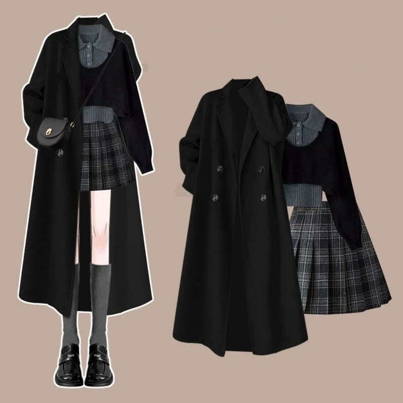 Women's Korean Autumn Winter Graceful Black Overcoat Sweater Pleated Skirts 1 or Three Piece Set Lady Long Jacket Skirt Outfits