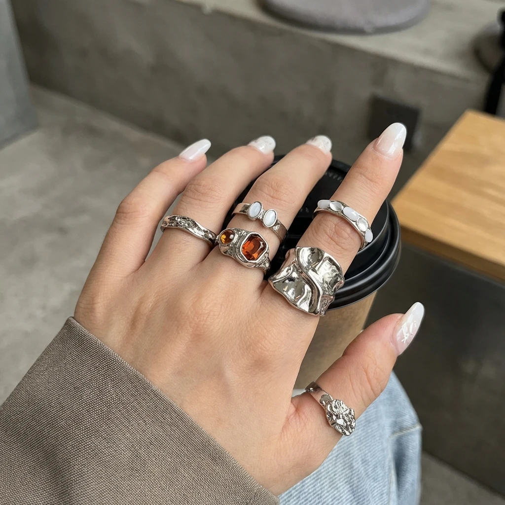 Ins-Style Unregelmäßiger Wellenring-Set in Silberfarbe, Stapelbare Fingerringe für Frauen, Coole Geometrische Fingeraccessoires, Modetrend – Detail 2