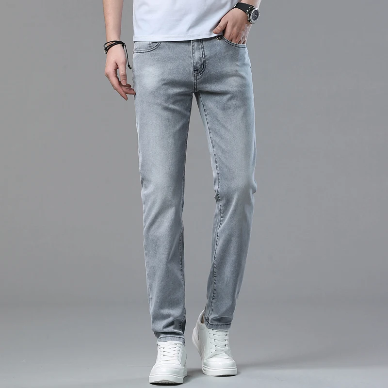 Light gray summer jeans MEN'S thin breathable soft stretch slim fit pencil street fashion high-end casual boys