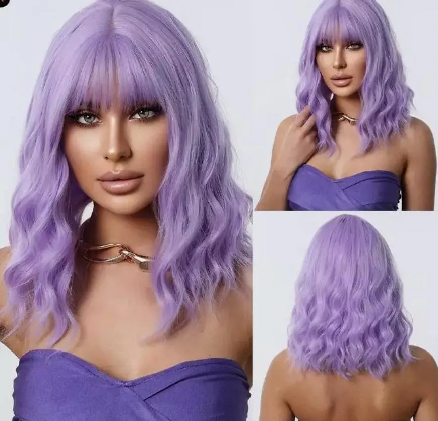 Short Purple Wavy Curly Hair Bob Wigs With Bangs Synthetic Wig Women Cosplay