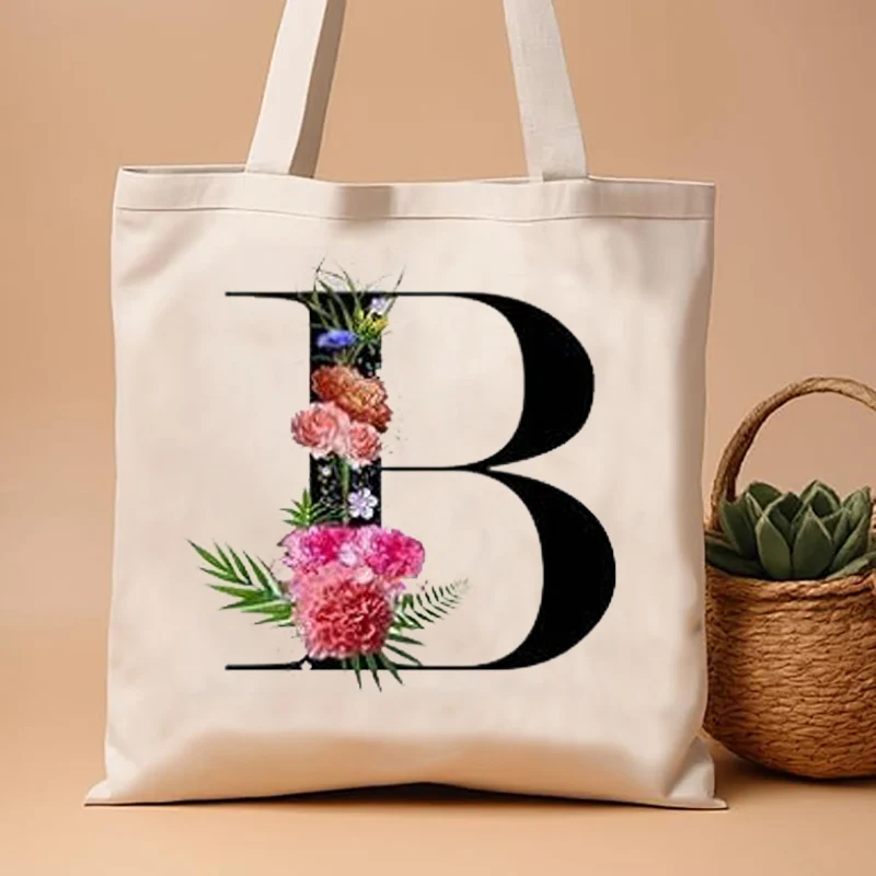 Floral Love Letter Print Tote Bag Large Capacity Women Shopping Bag Stylish A-Z Design Yoga Beach Bag Eco Friendly Handbags Gift