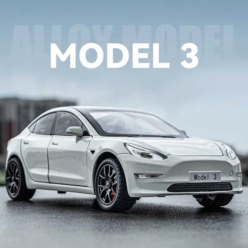 

1:24 Tesla Model 3 Diecast Alloy Model Car Collection Ornaments Birthday Gifts Sound & Light Christmas Presents Toys For Kids