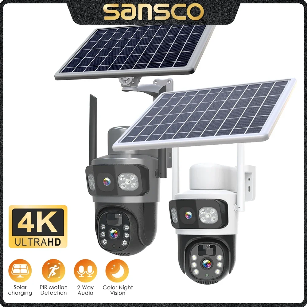 

SANSCO 4K 8MP Dual Lens WIFI Solar Camera Dual Screen Battery PIR Human Detection Outdoor 4MP PTZ Security IP Camera Eseecloud