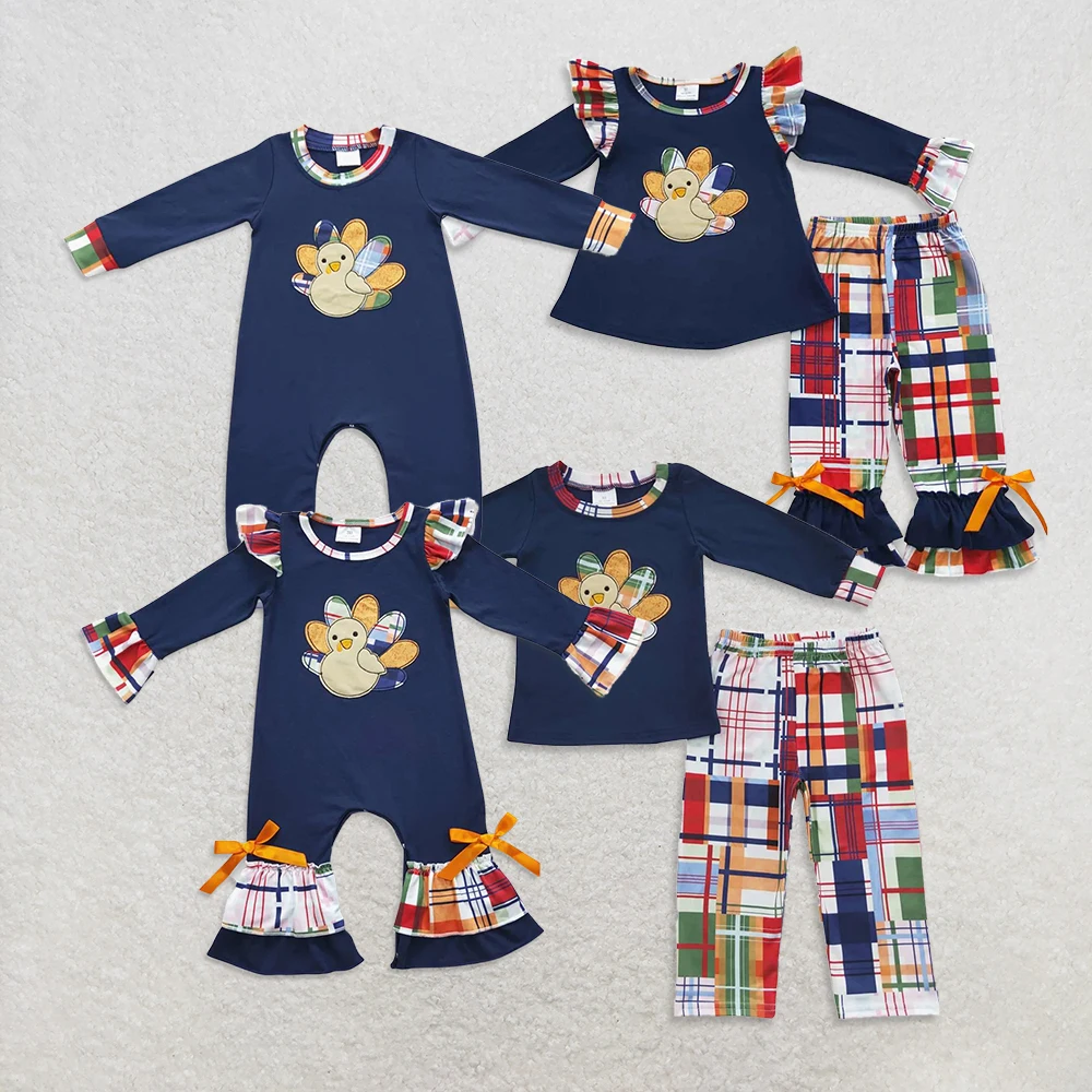 

Sibling Baby Thanksgiving Turkey Patchwork Outfit Plaid Top with Turkey Design Matching Plaid Pants Kids Thanksgiving Rompers