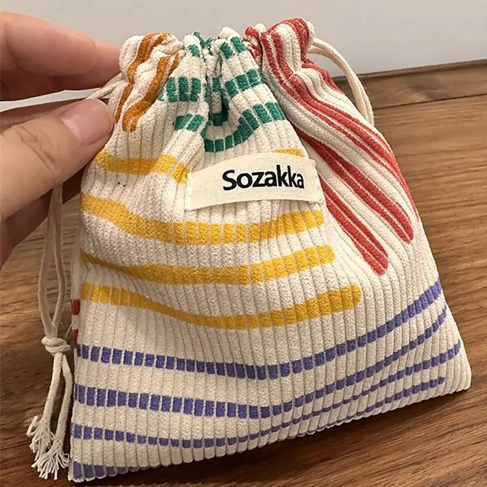 Color Line Corduroy Drawstring Bag Pastoral Literary Style Coin Purse Pull Rope Pouch Vintage Drawstring Pocket