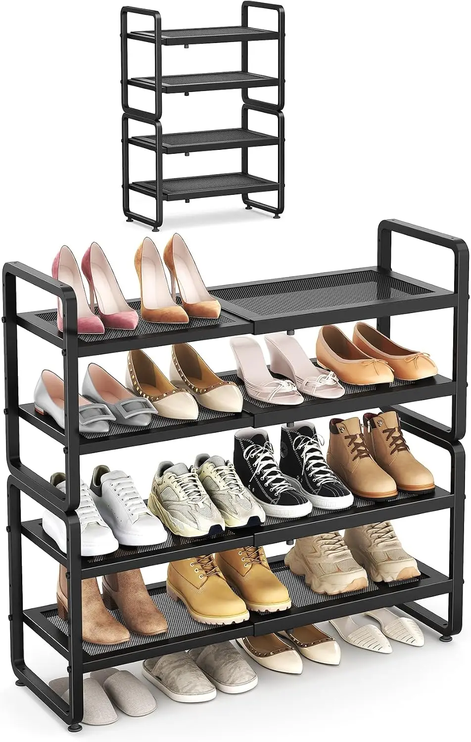 Expandable Shoe Rack for Closet, Adjustable Metal Shoe Organizer with Sturdy Mesh Shelves for Boots & Heels, Stackable Shoe Stor