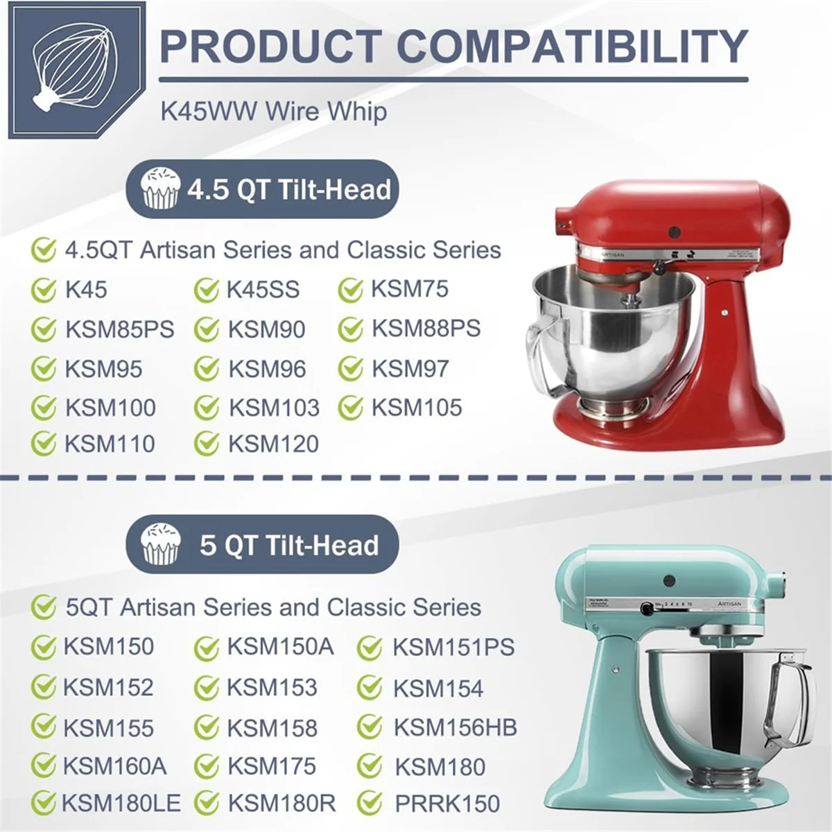 Accessorio per mixer Gancio per impastare con bordo flessibile K45WW Frusta a 6 fili per parti di mixer con supporto inclinabile da 4,5-5 litri