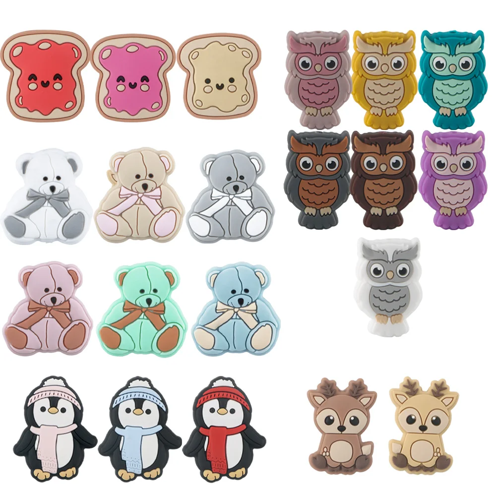 5PCS Animal Silicone Focus Beads  Bear Penguin Butter Bread Owl Deer DIY Accessories For Jewelry Making Beaded Pen Pendant