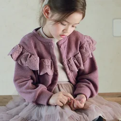 Children's Spring and Autumn Jacket Girls Elegance Lace Knit Cardigan Sweater Ruffled Clothing Kids Long Sleeve Knitwear Coat