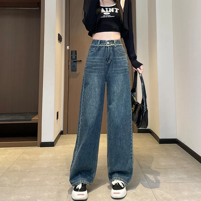 Women Denim Jeans Autumn Winter High Street Casual Blue Black Washed Pockets Tassel Wide Leg Stright High Waist Trousers Pants