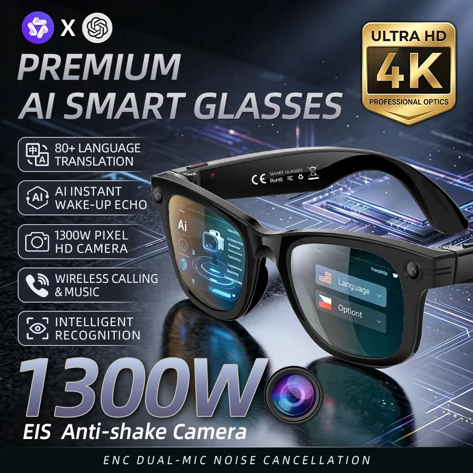 13MP HD Camera Smart Glasses AI Translation Anti-shake Photography Video Recording WIFI Transmission Bluetooth Sports Sunglasses