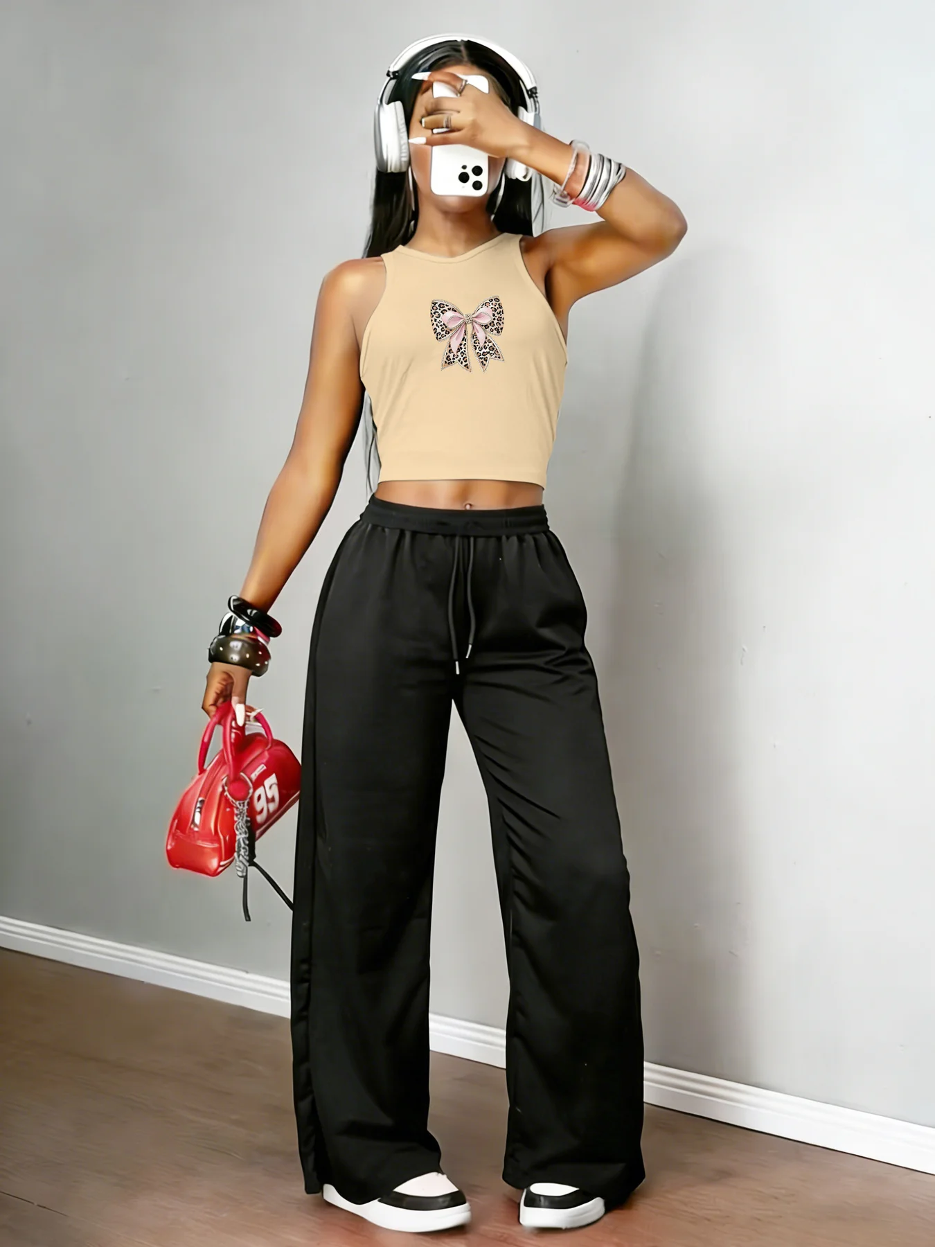 

Fashionable, casual, cool, niche design, leopard print bowknot pattern, pants set