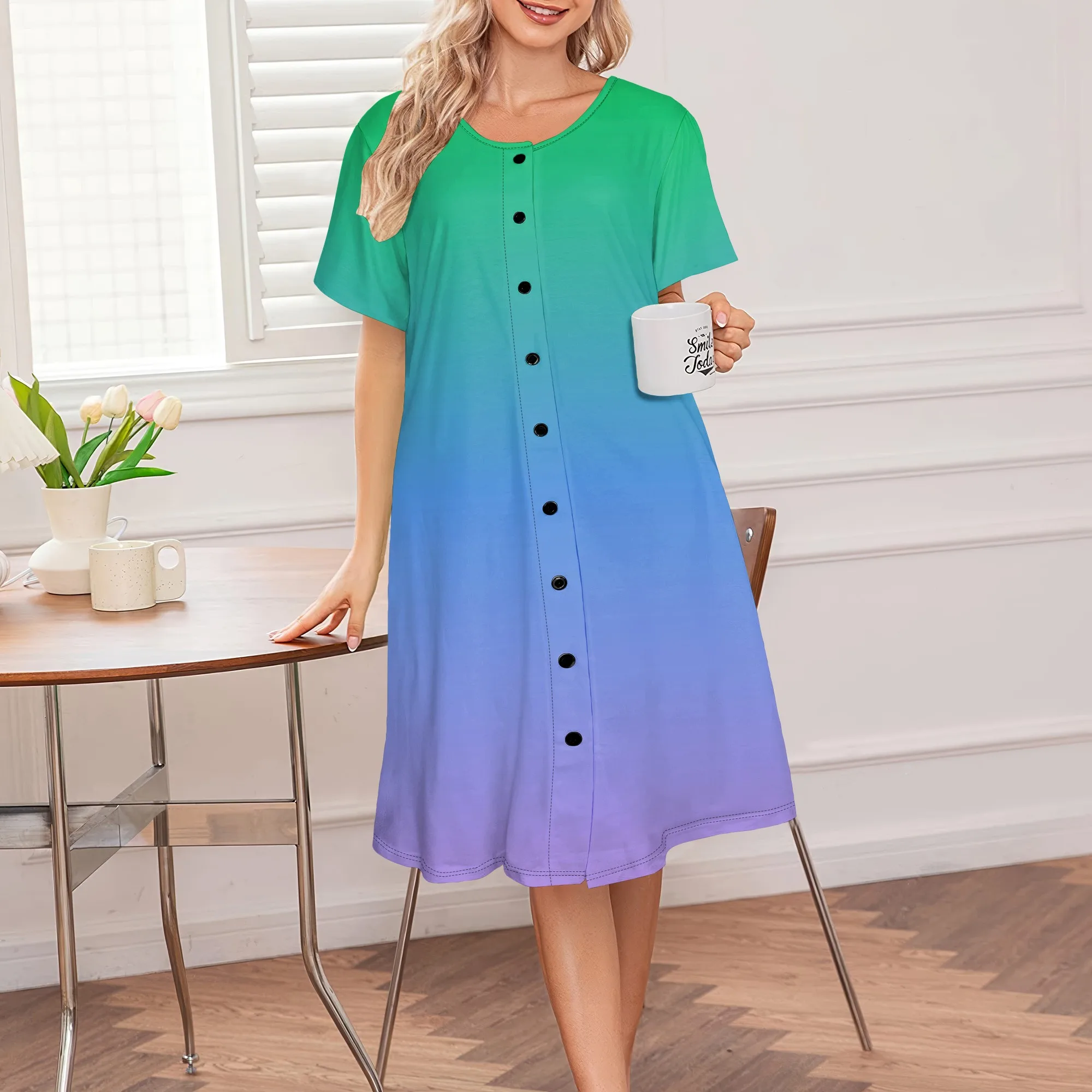 

Women's Summer Dress Ombre Print Round Neck Button Loose Breathable Midi Skirt for Beach Camping Hiking Outdoor Festival