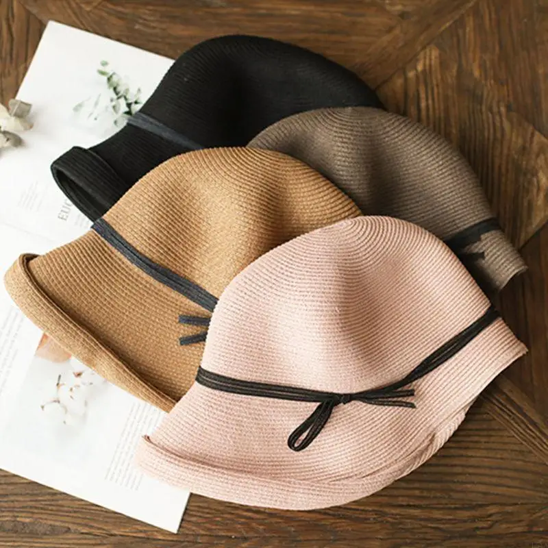 L5YA النساء هيبورن خمر المنسوجة لقبعة الشمس أنيقة التباين اللون Bowknot قصيرة نشمر حافة طوي الصيف غطاء دلو