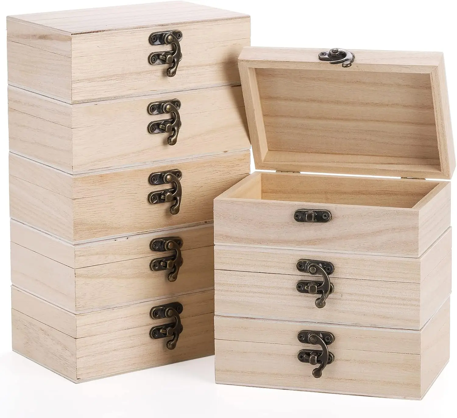 

8 Pack Unfinished Wooden Craft Boxes, 6x4x2 Inch Small Jewelry Storage with Hinged Lid and Clasp for DIY Gifts and Art Hobbies
