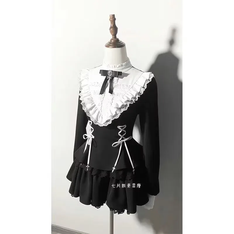 Autunno Kawaii Ragazza Carino Dolce Abito Stile Corte Francese Design Foglia di Loto Orlo Pantaloncini Lolita Gonna Due Pezzi Set Abiti da Donna