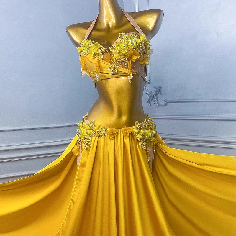 Belly Dance Costume for Female Adult, High-end Crystal Flower, Pearl Pendant, Samba Performance, High Flash Dress