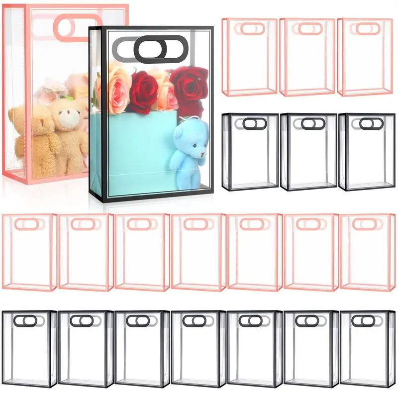 

20 transparent portable gift bags for parties with die-cutting handles, reusable PP gift bags (black/pink)